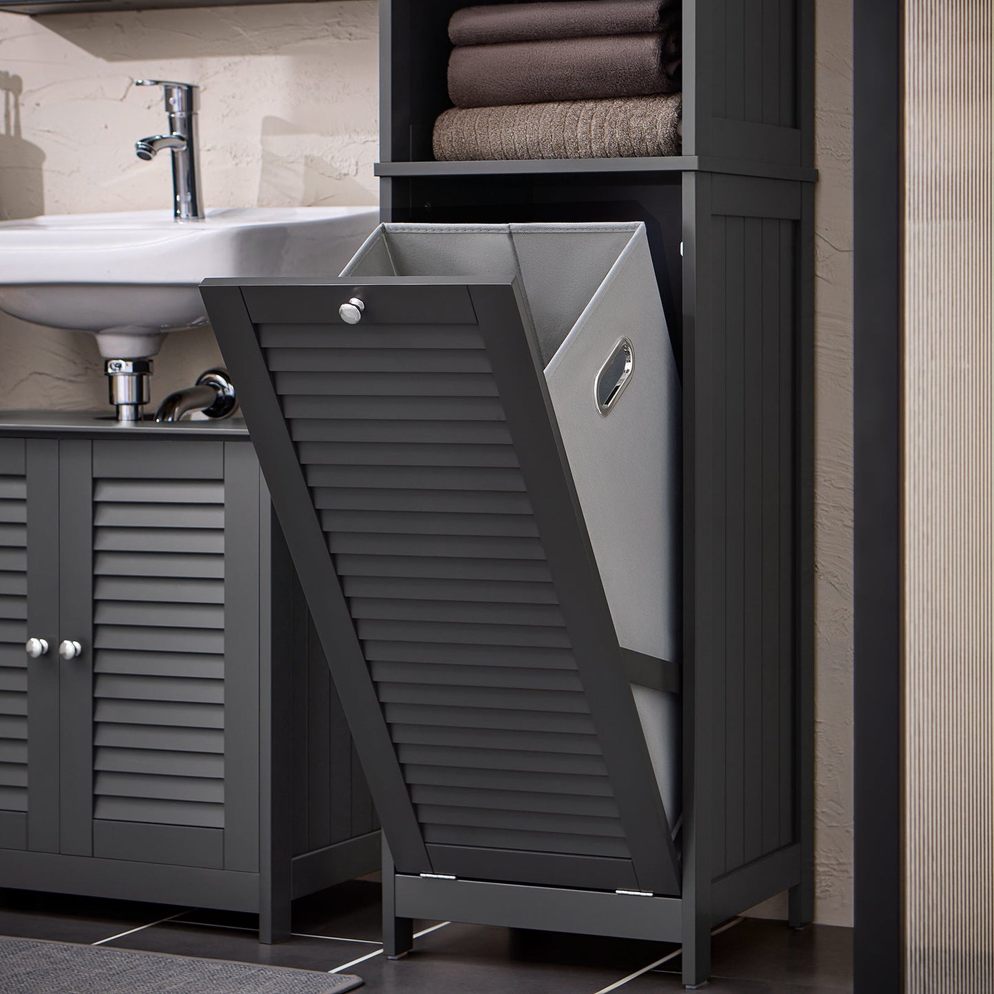SoBuy Meuble colonne - BZR124-DG - Salle de bain - Panier à linge amovible - Anthracite