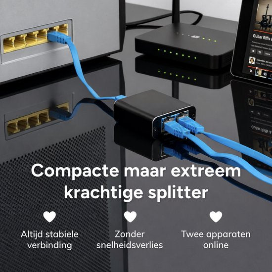 Skoov Internet Splitter 1 in 2 out - Commutateur réseau avec 2 ports - 1000Mbps - RJ45, Cat5, Cat6, LAN, UTP, Ethernet splitter - Adaptateur - Noir
