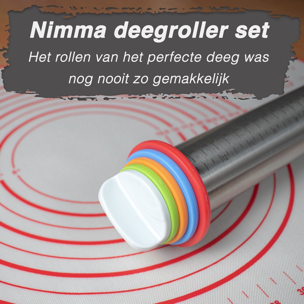 Nimma® Rouleau à pâte - Réglable - Avec tapis de cuisson XL 60 x 40 cm - Antiadhésif - Tapis à pâte - acier inoxydable