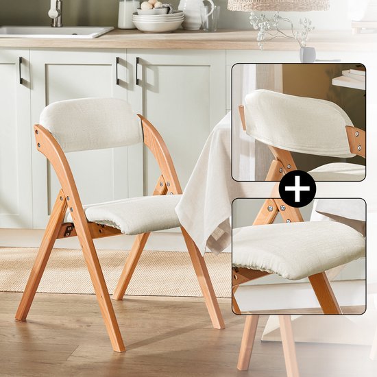 SoBuy Set of 2 Folding Chair, Office Chair with Upholstered Seat Cushion, Dining Chair, Nature/White, 47.5x77x59 cm, FST92-Wx2 - pour la salle à manger, le balcon ou le bureau