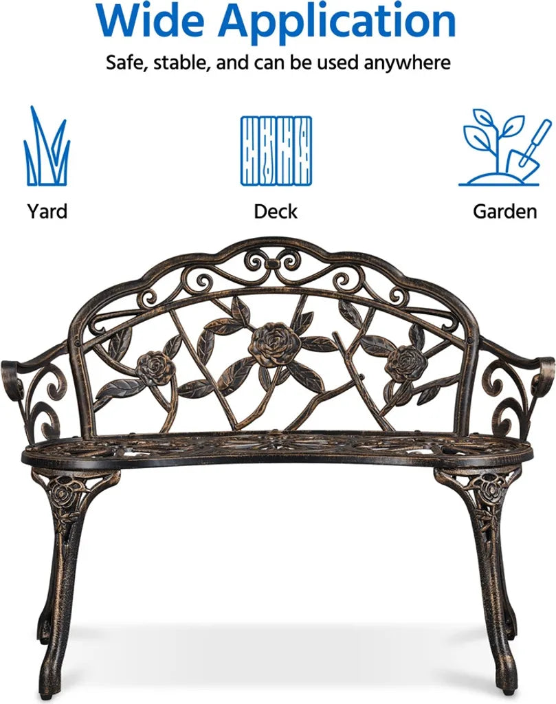 Banc de jardin Yaheetech 99,5 x 57 x 78,5 cm - Bronze - Banc de jardin vintage en métal avec motif de roses