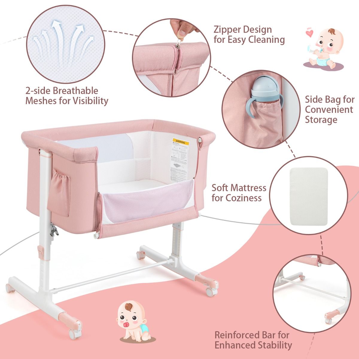 Berceau 3-en-1 Coast - 86x63x65-81 cm - Rose - Ajustable, inclinable et portable avec matelas, sac de rangement et sac de voyage