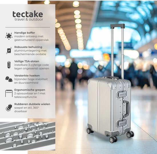 Valise cabine en aluminium tectake® - 36 litres - Double serrure à combinaison TSA à 3 chiffres - 53 cm - Valise cabine à roulettes - Valise de voyage à roulettes