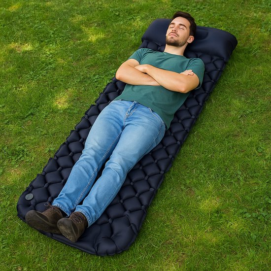 Outbee Matelas de couchage autogonflant - Lit gonflable avec pompe à pied et oreiller intégrés - 1 personne - Matelas de couchage autogonflant - Matelas gonflable avec support - 195x60x5 cm - Noir