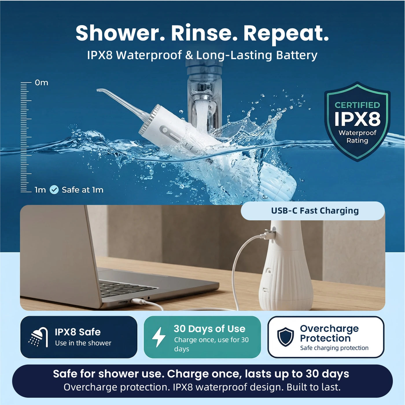 Hydropulseur Bair Care M11 - Blanc - Stérilisation par UV - Réservoir de 360 ml - 4 modes - 3 embouts - IPX8 - USB-C