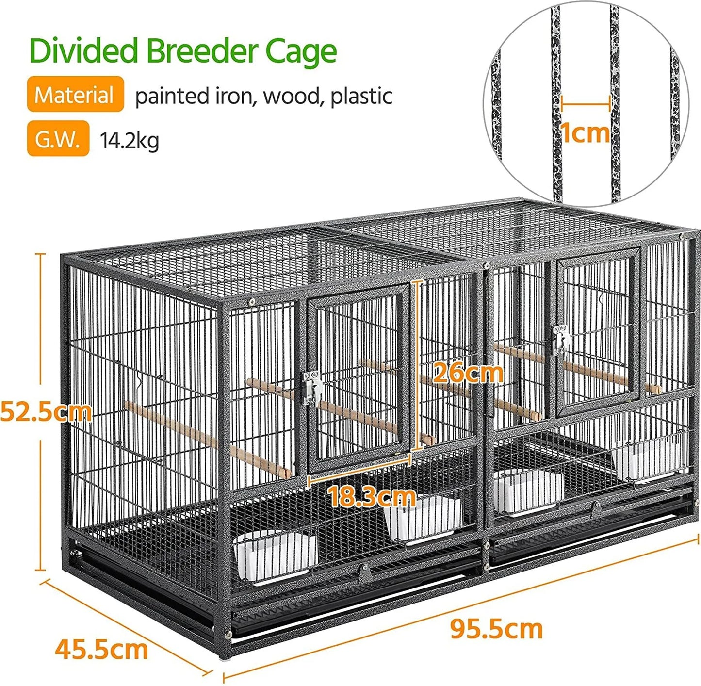 Yaheetech Bird Cage With Partition - With 1 cm Bar Spacing And 4 Feeders And Removable Bottom Drawer - For Parakeets And Canaries - Black Powder-Coated Metal - 95,5 x 45,5 x 105 cm