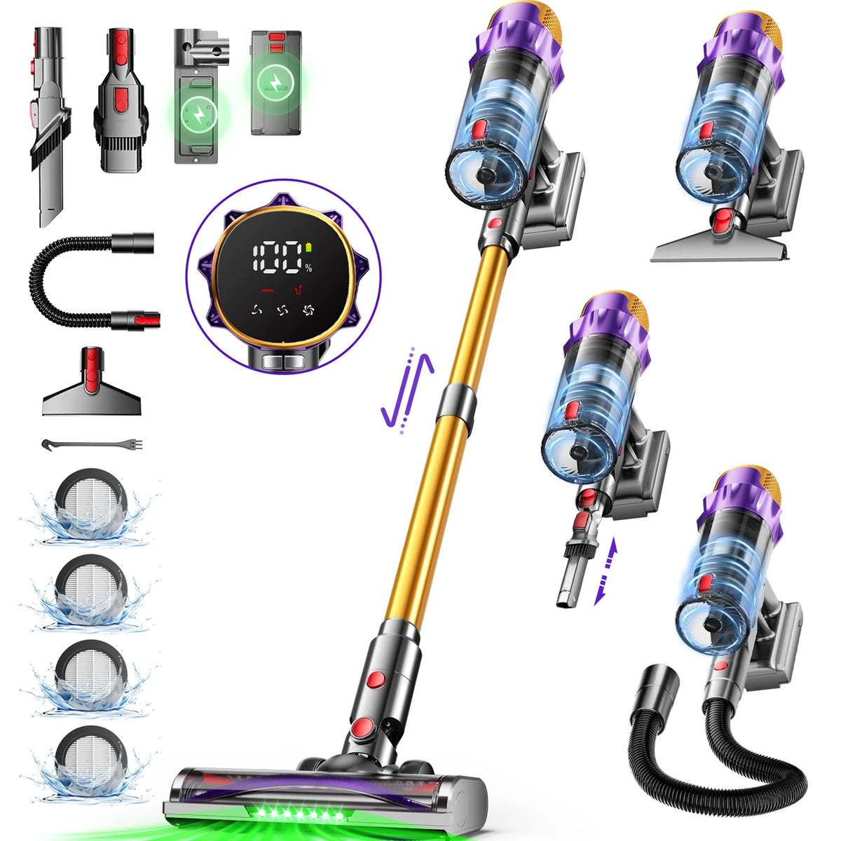 Aspirateur balai sans fil Daynee 65 kPa - Jusqu'à 70 minutes d'autonomie - Brosse anti-bouloches avec LED - Idéal pour les poils d'animaux - Or