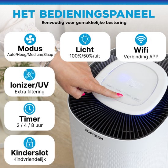 Sofresh purificateur d'air avec application - 80 m² - Mode automatique + système de filtration 6 en 1 - Indicateur de qualité de l'air - Ioniseur - UV - Filtre à air - Purificateur d'air avec filtre HEPA