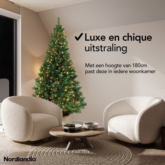 Nordlandia Artificial Christmas Tree With LED Lights - 180 cm - Arbre de Noël réaliste en plastique - Support en métal - Vert