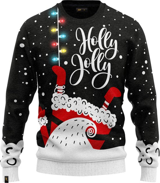 Pull de Noël JAP avec guirlande lumineuse (taille XL) - 100 % recyclé - Ne gratte pas - Cadeau de Noël pour adultes - Pull de Noël kitsch pour femmes et hommes - Holly Jolly - Noir