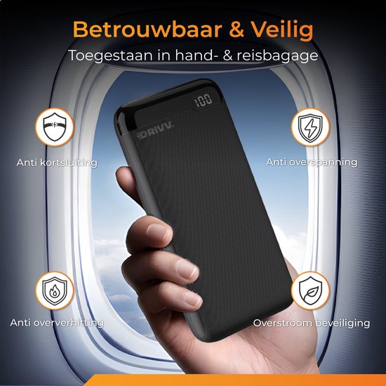 Drivv. Powerbank 20 000 mAh - Câble de charge 100w inclus - Chargeur rapide 22,5W - Quick Charge USB 3.0 - USB C - Convient à Samsung / iPhone / autres - LED - Noir, entre autres
