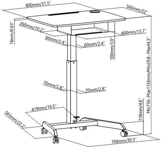 VDD Gaming - Bureau - Table pour ordinateur portable - Bureau assis/debout - Mobile - Poste de travail - Support pour ordinateur portable - Table d'appoint sur roulettes - Noir