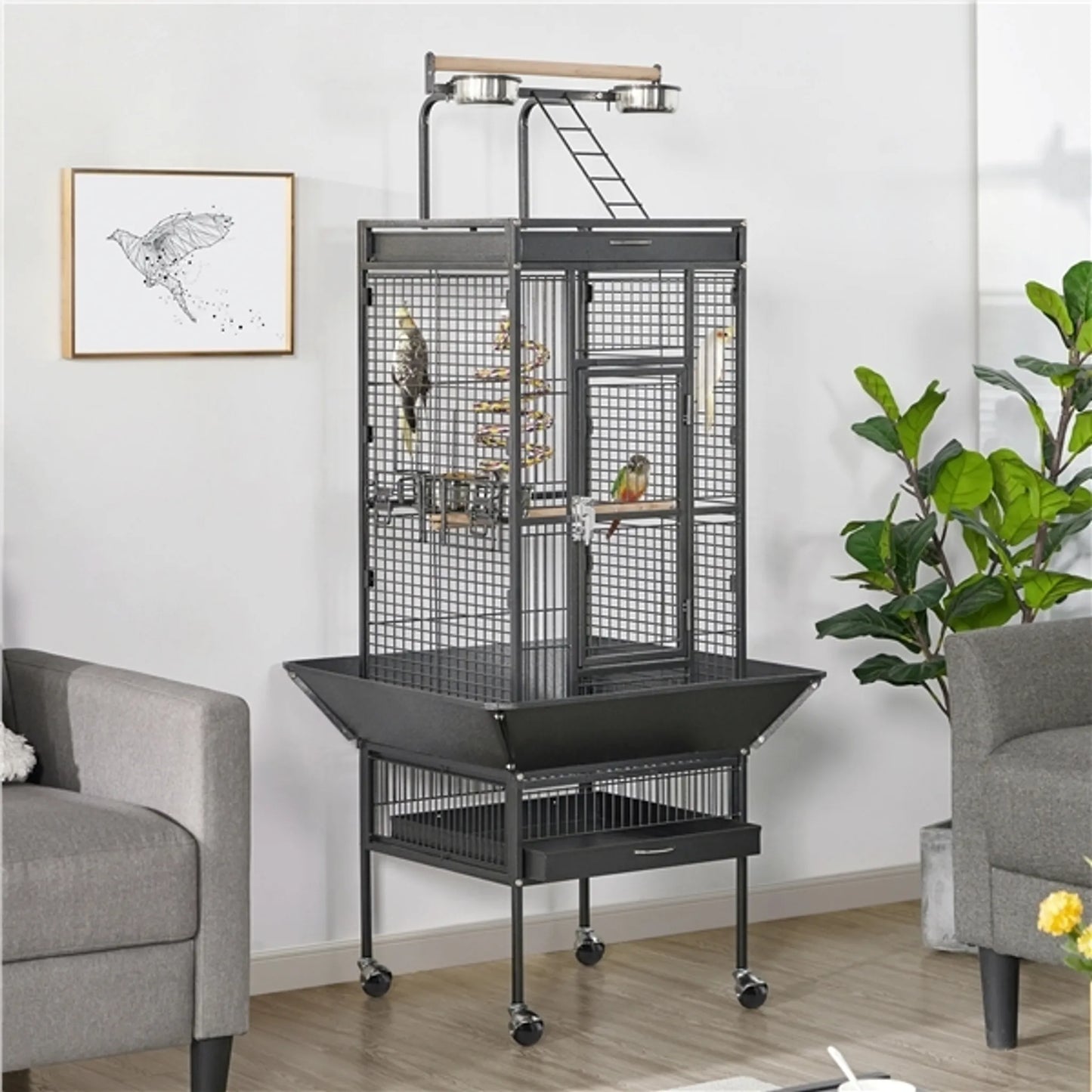 Yaheetech Cage pour perroquets avec plateau de jeu - équipée d'un collecteur de graines, de tiroirs à fumier extensibles et de portes d'alimentation - pour perruches et perroquets - Fer noir poudré - 65,5 x 65,5 x 156 cm