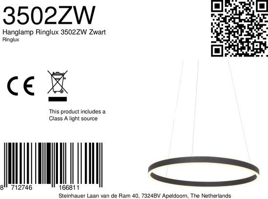 Suspension Ringlux 3502ZW noire 60 cm, design en métal, Steinhauer - Hauteur réglable, idéale pour une utilisation en intérieur