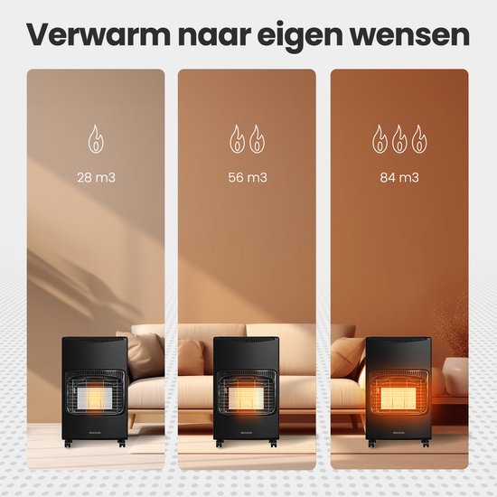 Auronic Mobile Gas Heater - with Wheels - up to 60 m² - 4100W Gas Heater - Includes Gas Pressure Regulator and Gas Hose - Black