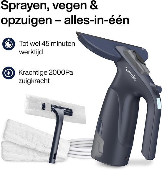 Essuie-vitre électrique CrystalClear - Lave-vitre rechargeable par USB - Lave-vitre avec réservoir amovible - Fonction spray - Inclus 2 chiffons en microfibre - Samako