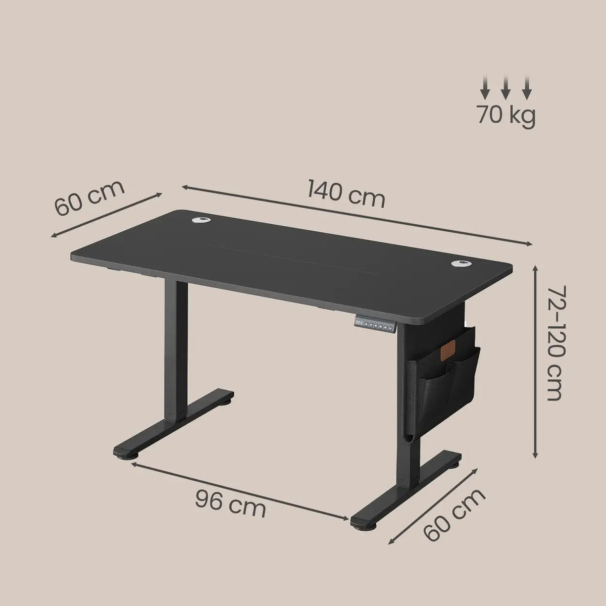 Bureau réglable en hauteur Ochama, 140 x 60 cm, avec fonction mémoire et port USB-C, noir