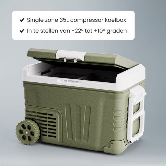 Auronic Electric Cool Box - Compresseur - 35L - 12V et 240 volts - Réfrigérateur de camping - Frigobox Car - Avec roues et poignée - Vert