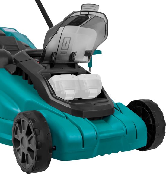 Tondeuse VONROC Accu - 40V - Largeur de coupe 38 cm - Quatre hauteurs de coupe réglables : 35/45/55/65 mm - Bac de ramassage 45L inclus - Batteries et chargeur rapide inclus.