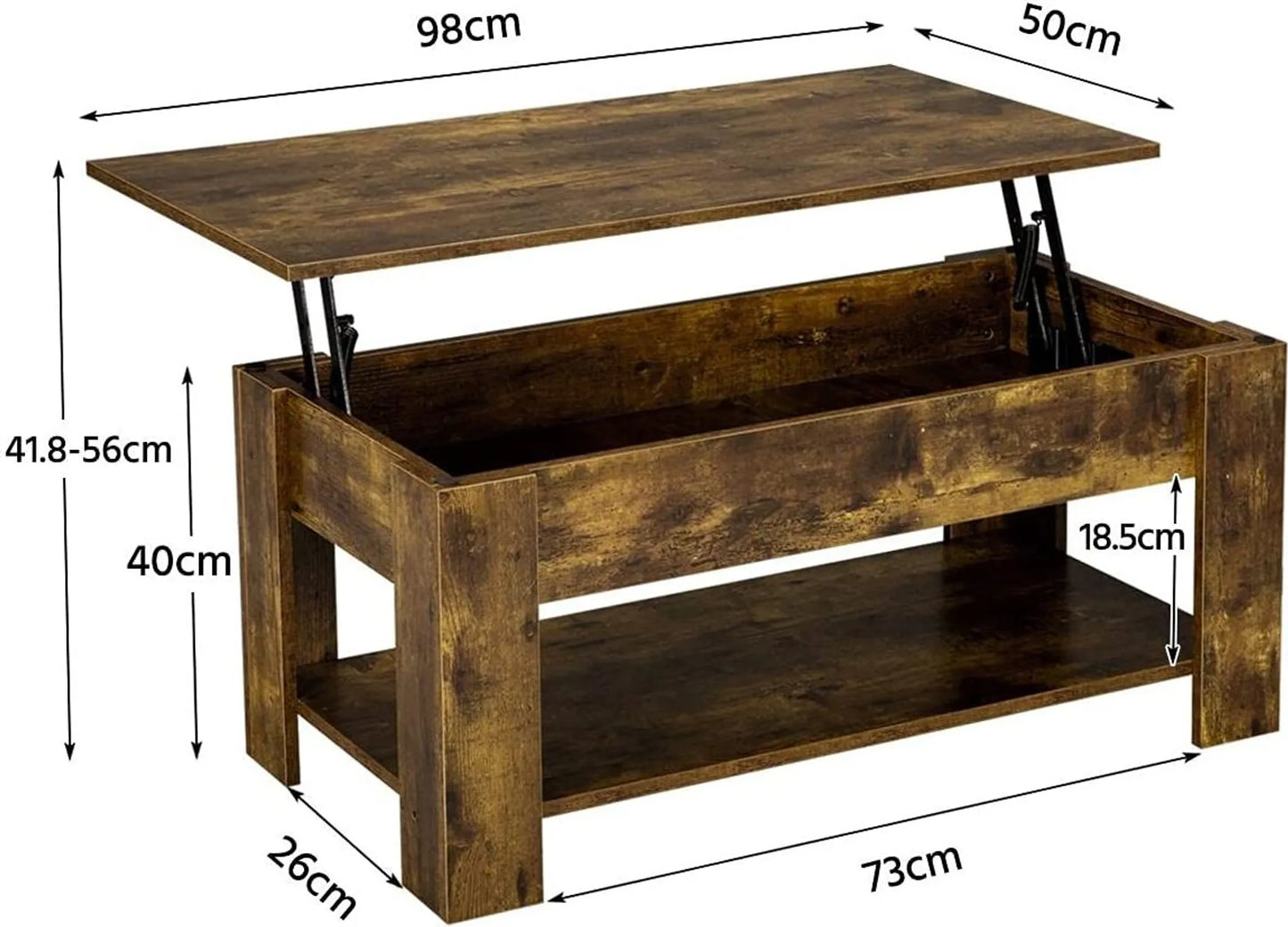 Yaheetech Table basse à plateau relevable - avec rangement caché, mécanisme en métal et étagère inférieure - pour salon et bureau - Mdf vintage brun-noir et métal - 98 x 50 x 41,8-55 cm