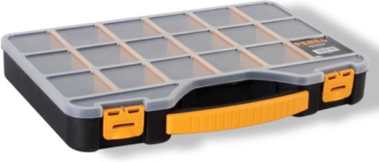 Boîte de rangement Perel, 20 compartiments max., 16 séparateurs, couvercle transparent, empilable, 326 x 257 x 48 mm, jaune/noir