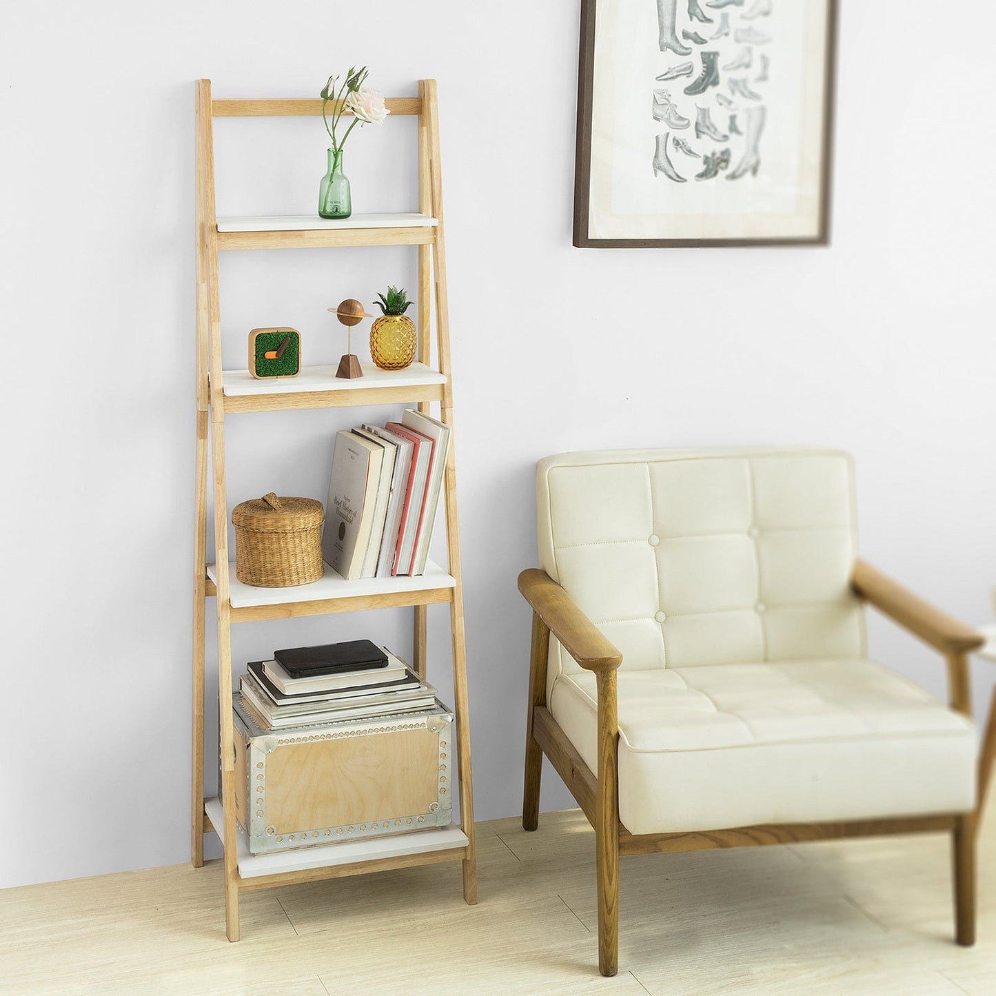 Étagère décorative - SoBuy - 4 planches incluses - Pliable - 34 x 42 x 140 cm - Bois d'hévéa