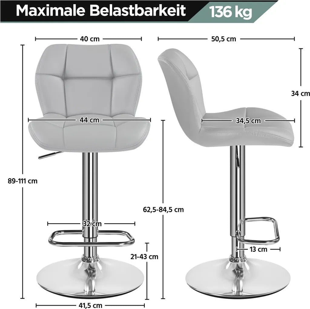 Yaheetech Ensemble de 2 tabourets de bar réglables en hauteur - avec siège et repose-pieds en coque et protection du fond en caoutchouc - pour îlot de cuisine et bar - cuir synthétique gris et métal - 50.5 x 44 x 89 - 111 cm