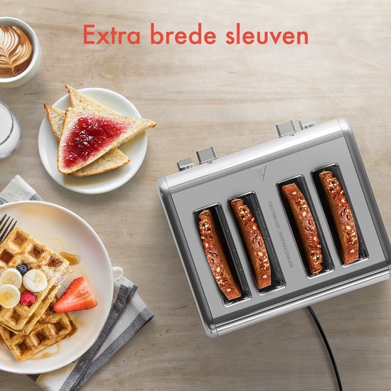 KitchenBrothers Toaster - Grille-pain - 6 niveaux de chaleur - 4 fentes extra-larges - 1630W - inox/Argent