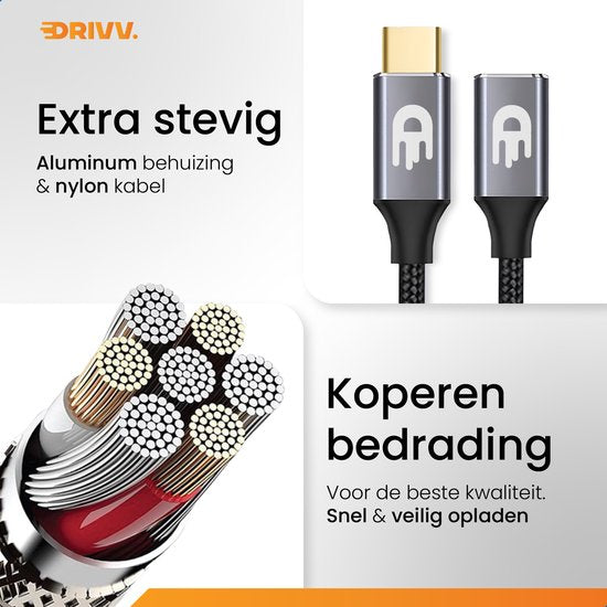 Drivv. Câble d'extension USB C 3.2 - mâle vers femelle - Charge rapide - Câble de données et de charge USB C - 3 mètres - Convient à Samsung, iPhone 15 et autres - Gris