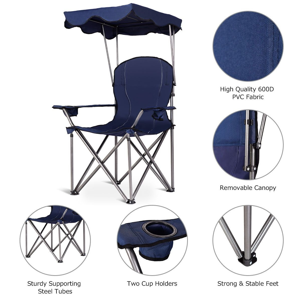 Coast Chaise de camping pliable - parasol - porte-gobelet Sac de transport - 96,5 x 67,5 x 130 cm - bleu