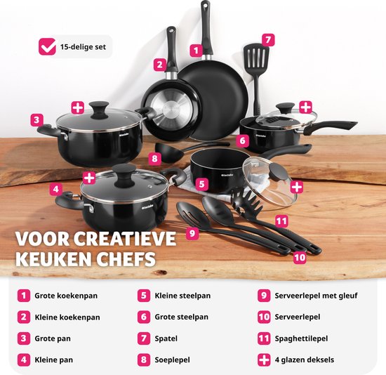 tectake® Ensemble de casseroles 15 pièces - Aluminium avec couvercles en verre - ustensiles inclus - Noir