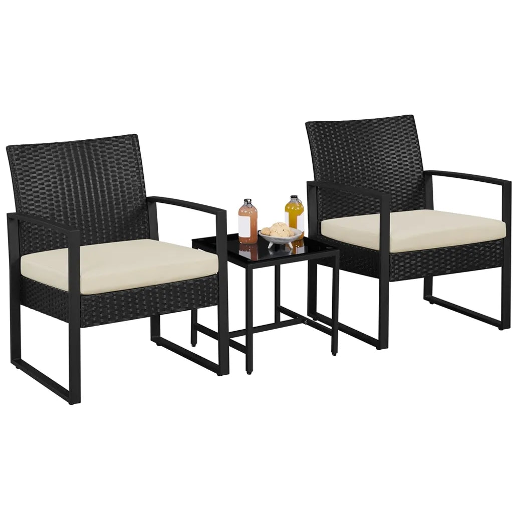 Ensemble de mobilier de jardin Yaheetech 3 pièces - Noir/Beige - Ensemble de balcon en polyrotin avec table d'appoint et plateau en verre