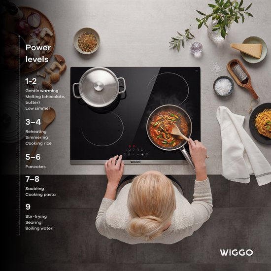 Wiggo WH-E614G(B) - Table de cuisson à induction encastrable - 60 cm - 4 zones de cuisson - Commande par curseur - Monophasé, sans fiche - Garantie 5 ans - Noir