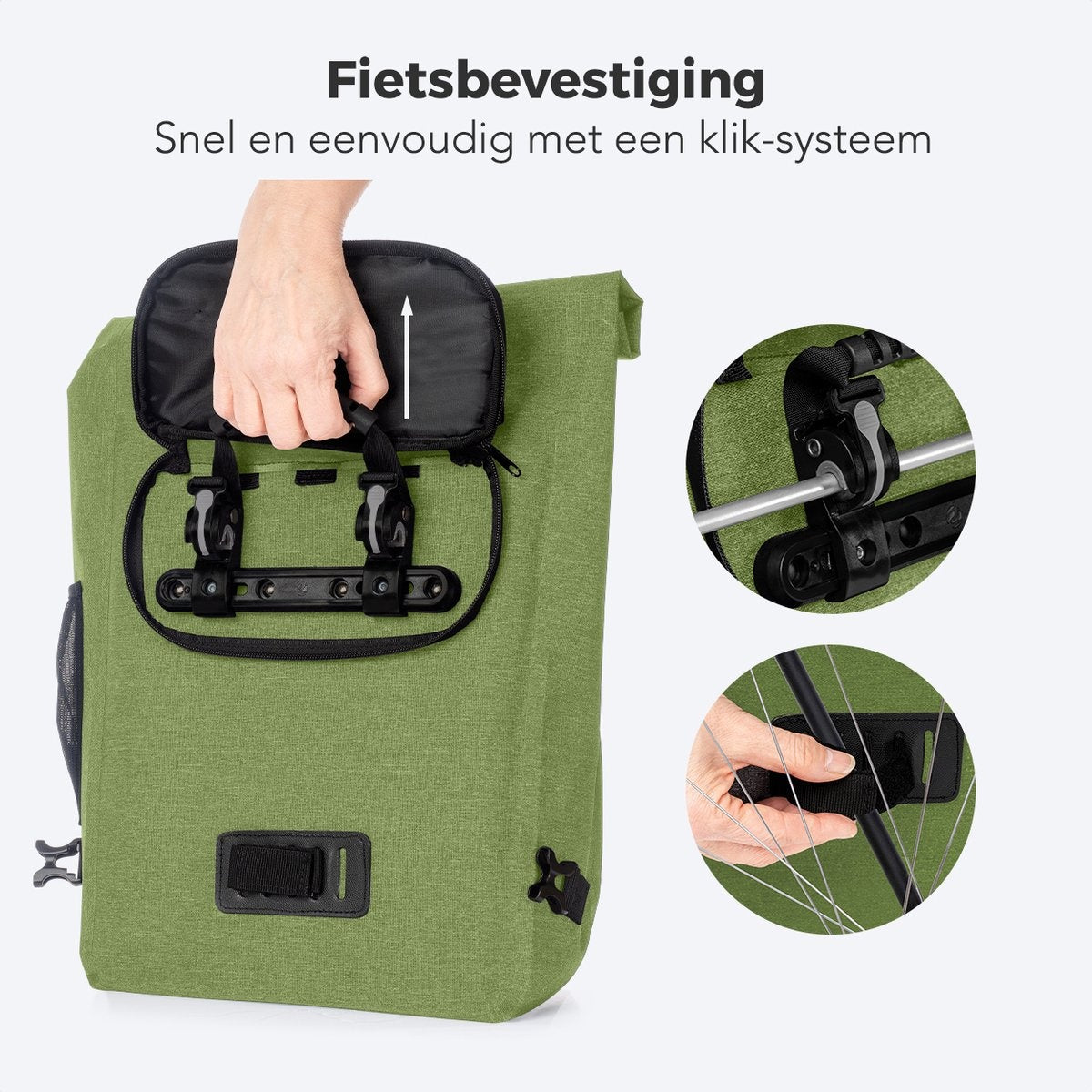 LifeGoods Single Bicycle Bag - Compact - Sac à bandoulière et sac à dos - 25L - Porte-bagages ronds - Imperméable - Vert olive