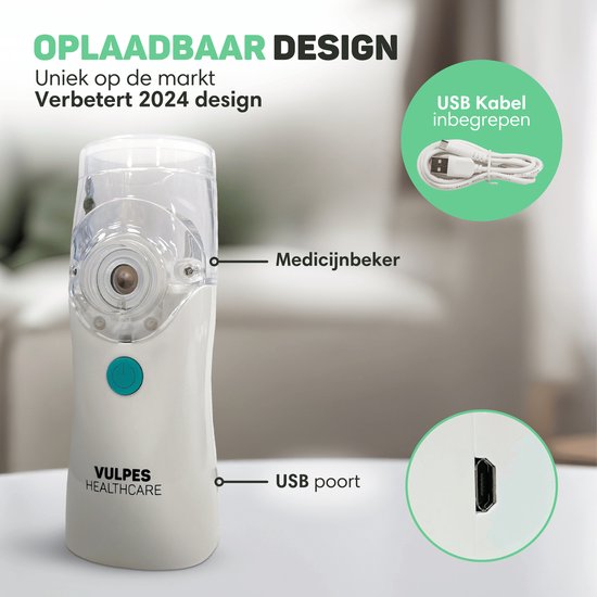 Vulpes Goods® HealthCare - Dispositif d'aérosol - Nébuliseur ultrasonique - Nébuliseur - Inhalateur pour enfants, adultes et bébés - Rechargeable - 2 modes - Aide à lutter contre les maladies des voies respiratoires - 4 buses et étui de voyage de luxe inc