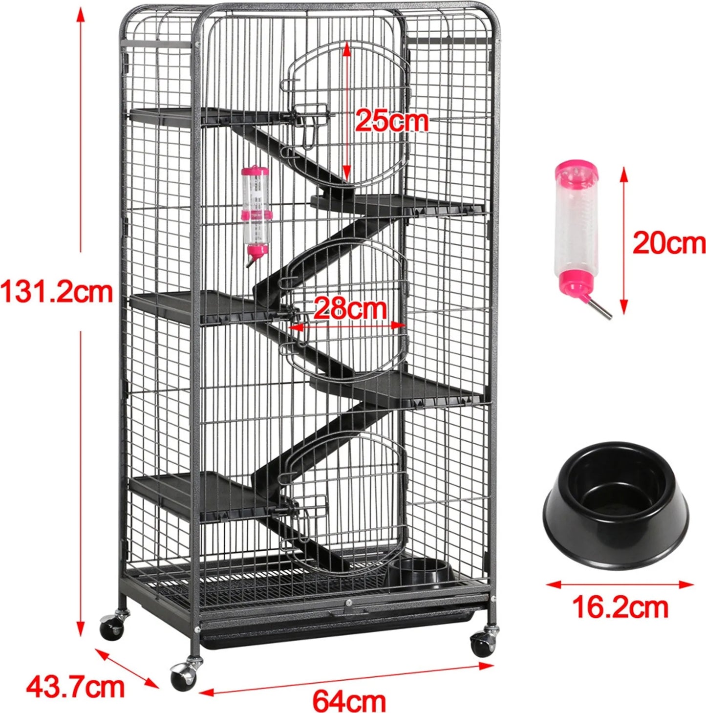 Yaheetech Cage pour rongeurs avec 3 étages - 64 x 43,7 x 131,2 cm - avec 5 rampes et base mobile et tiroir amovible - pour furet et chinchilla - métal noir