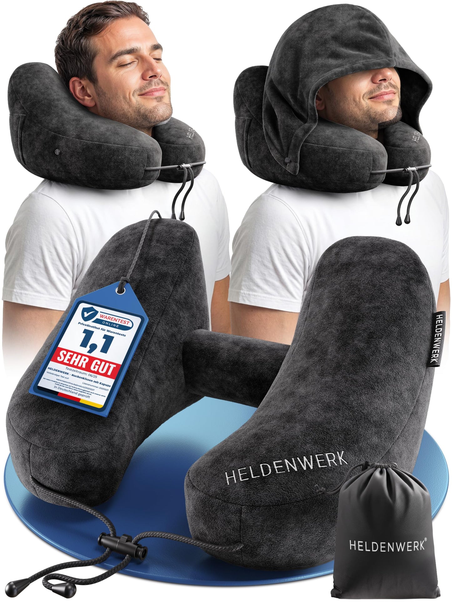 Oreiller de voyage Heldenwerk - Gonflable - À capuche - Noir