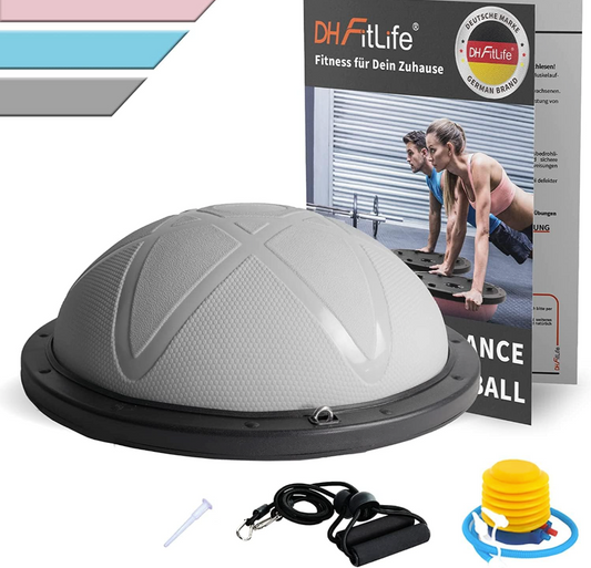 DH FitLife Balance Ball - Yoga Balance Trainer Ø60 cm, demi-ballon de gym avec sangles de résistance et pompe, rechargeable jusqu'à 200 kg - Balance Board Fitness - Gris