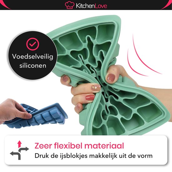 KitchenLove Moule à glaçons en silicone avec couvercle (2 pièces) - 56 glaçons - Carré - Sans BPA - 100% Silicone - Vert & Bleu