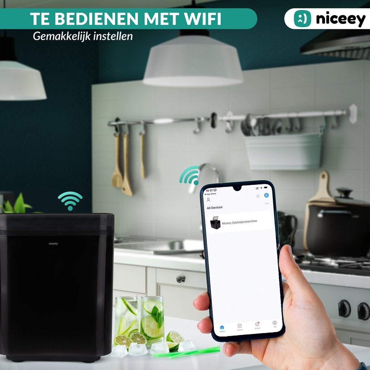 Machine à glaçons Niceey, 2 litres, en 6-8 min, 12kg/24h, avec cuillère à glace, Noir