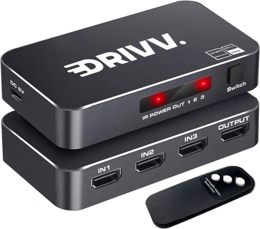 Drivv. Commutateur HDMI 4K 60Hz - 3 entrées 1 sortie - Télécommande incluse - Commutation automatique - 780/1080p/4K - Noir