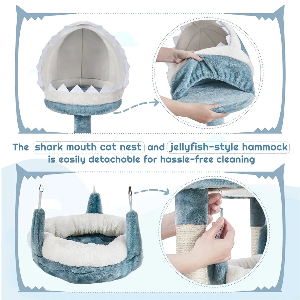 Yaheetech Arbre à chat Ocean Style 115 cm - Bleu/Blanc - Arbre à chat avec maison pour chat, panier de couchage, plateau et poteaux en sisal