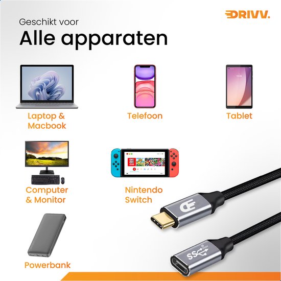 Drivv. Câble d'extension USB C 3.2 - mâle vers femelle - Charge rapide - Câble de données et de charge USB C - 3 mètres - Convient à Samsung, iPhone 15 et autres - Gris