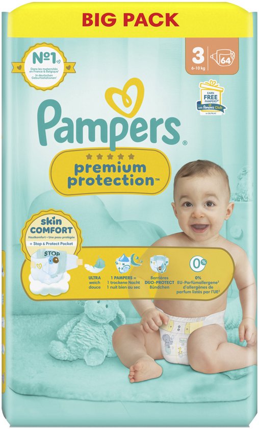 Couches Pampers Premium Protection taille 3 - 3 x 64 pièces - de 6 kg à 10 kg