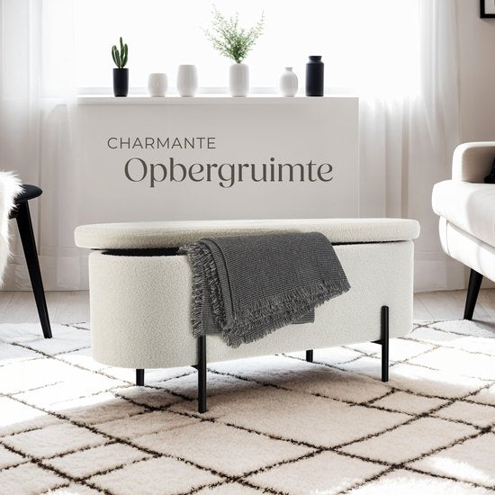 tectake® Banc avec rangement - Boîte de rangement rembourrée - Boîte d'assise avec rangement, rembourrée - Tissu Bouclé style scandinave - 97x36x42cm - blanc crème