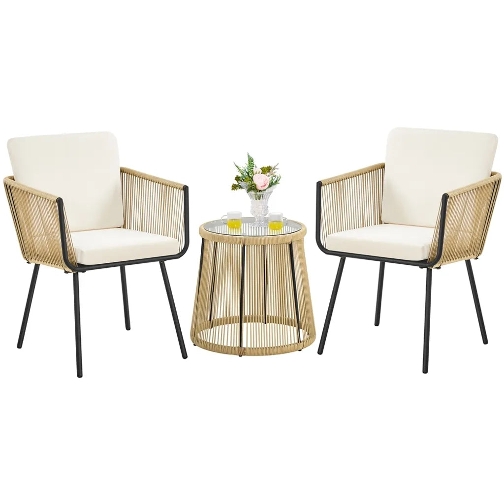 Ensemble de mobilier de jardin Yaheetech 3 pièces - Marron clair/Blanc crème - Ensemble de balcon en polyrotin avec table d'appoint ronde et coussins d'assise et de dossier