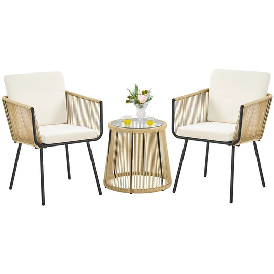 Ensemble de mobilier de jardin Yaheetech 3 pièces - Marron clair/Blanc crème - Ensemble de balcon en polyrotin avec table d'appoint ronde et coussins d'assise et de dossier