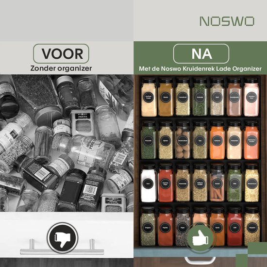Noswo Spice Rack Drawer - With 28 Jars - Complete Set - Square - Sprinkle Lid and Labels - Spice Organiser - Kitchen Drawer Organiser - Black