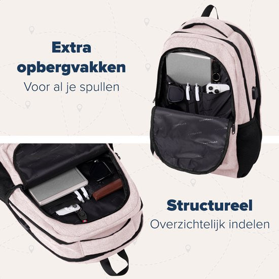 TRVLMORE Sac à dos - 36L - 17 Inch - Sac à dos pour ordinateur portable avec USB - Cartable - Homme et Femme - Sac Rose