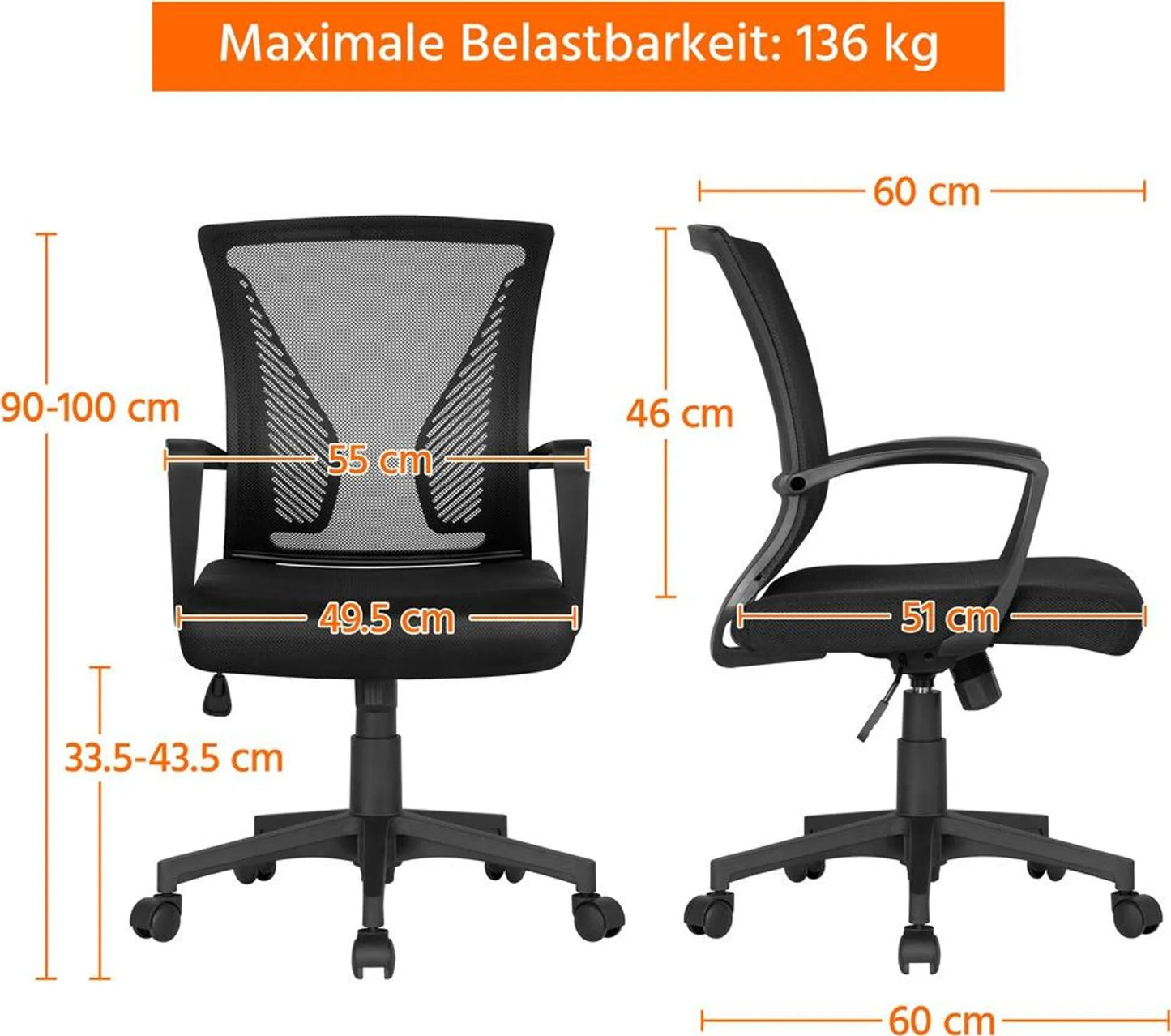 Chaise de bureau ergonomique Yaheetech - avec tissu en maille respirant, fonction oscillante et hauteur d'assise réglable - pour le bureau et l'étude - Nylon noir et métal - 60 x 60 x 91-100,5 cm